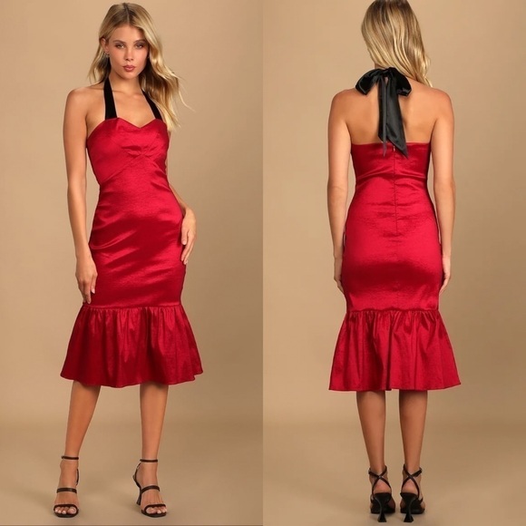 NWT Lulus Bursting With Beauty Halter Trumpet Midi‎ Dress in Berry Red Size M - Picture 1 of 7